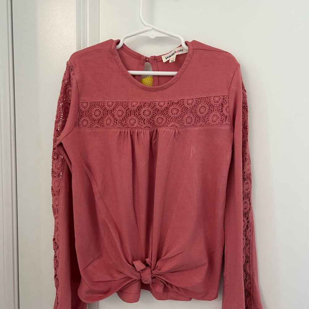 Rose Lace-Trim Long Sleeve Tie-Front Top